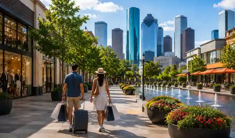 Couple enjoying a weekend in Houston with shopping, dining, scenic walkways, and downtown skyline views.